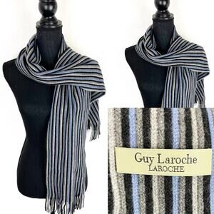 GUY LAROCHE Wool Scarf Winter Vertical Stripes Neutral Blue Gray Black